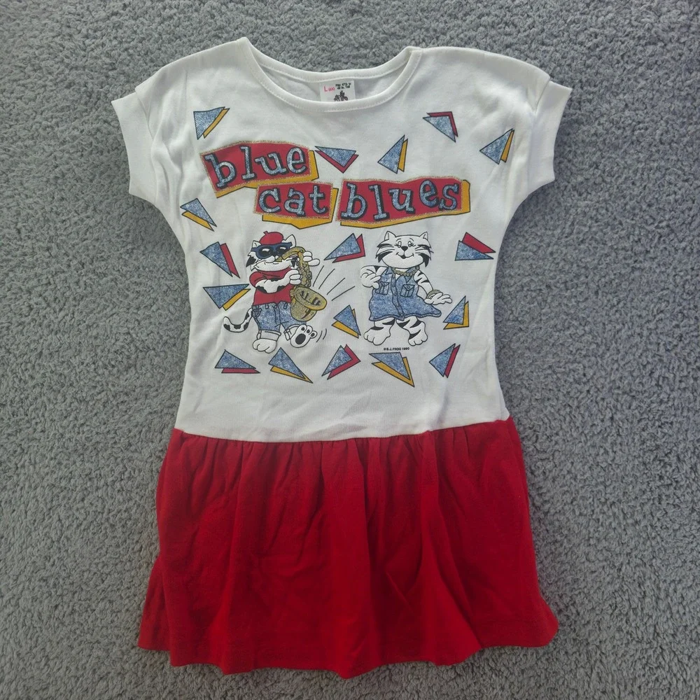 Vintage 1990 Sears Girls Blue Cat Blues Drop Waist Dress White Red Size 6X USA